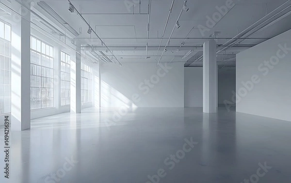 Obraz Sunlit minimalist white interior space with large windows and high ceilings