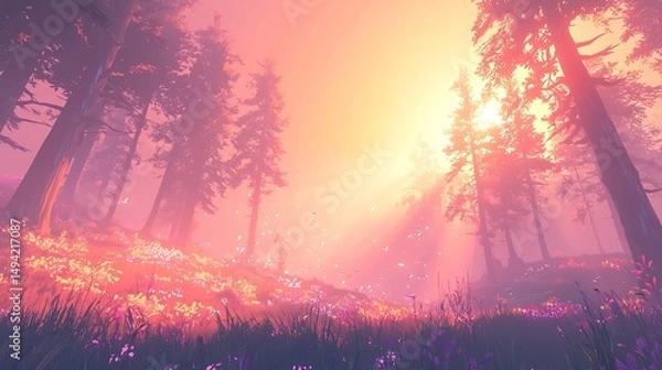 Obraz Sunny meadow Sun rays through tall trees, flowers, and grass in an ethereal landscape