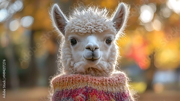 Obraz Sweatered alpaca portrait. Autumn foliage bokeh background