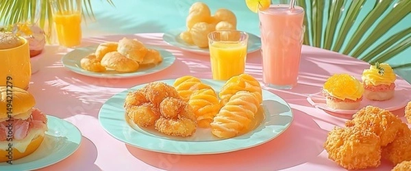 Obraz Sunny tropical breakfast spread with pastries, fruit, and drinks