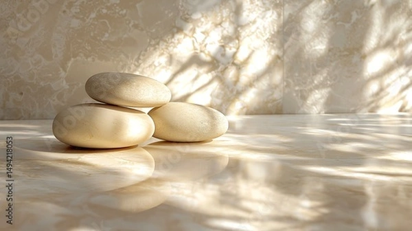 Obraz Three smooth, pale stones rest on a polished surface, bathed in dappled sunlight