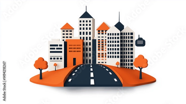 Fototapeta Modern Cityscape with Road and Trees - Paper Cutout Style Illustration