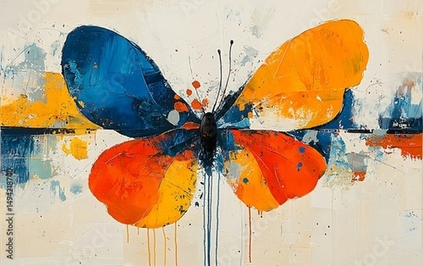 Obraz Vibrant abstract butterfly painting in blues, oranges, and yellows; textured, expressive brushstrokes