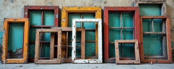 Obraz Stack of weathered wooden window frames, various sizes , texture, light