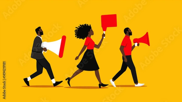 Fototapeta Diverse Group of People Marching with Mega-phones and Signs - Modern Social Movement Illustration