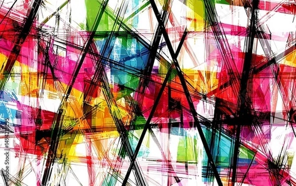 Fototapeta Vibrant, chaotic abstract art featuring intersecting lines and bold color blocks