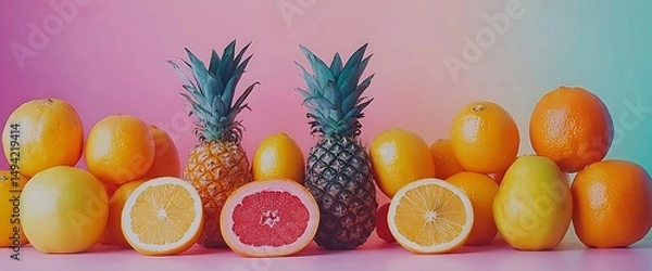 Obraz Vibrant citrus fruits and pineapples arranged on a pink surface against a colorful backdrop
