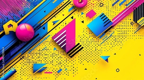Fototapeta Vibrant geometric abstract art with bold colors, dynamic lines, and 3D shapes on a yellow background