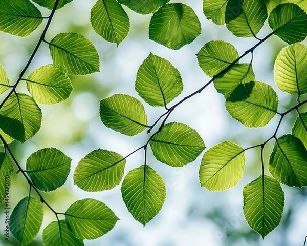 Obraz Vibrant green leaves backlit, showcasing intricate leaf veins against a soft, blurred background
