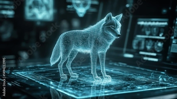 Obraz Holographic wolf on digital platform, futuristic lab, data analysis
