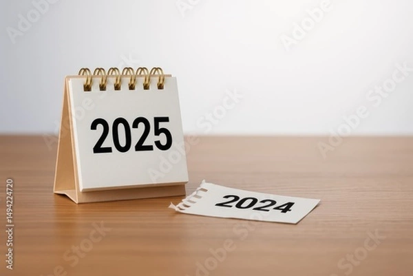 Fototapeta Desk calendar showing year 2025 with previous year 2024 torn off on wood surface