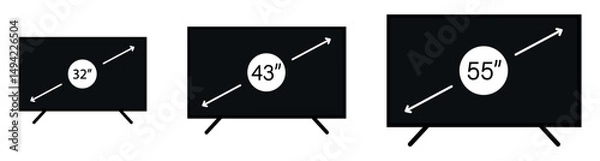 Fototapeta smart tv screen sizes icon. tv screen 32, 43, 55 inches collection. diagonal screen sizes in 32, 43 and 55 inches. smart television. computer monitor. vector illustration on transparent background