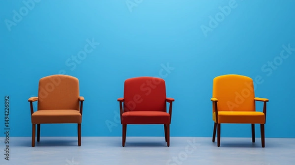 Fototapeta Three Colorful Armchairs Against a Blue Wall Interior Design Concept