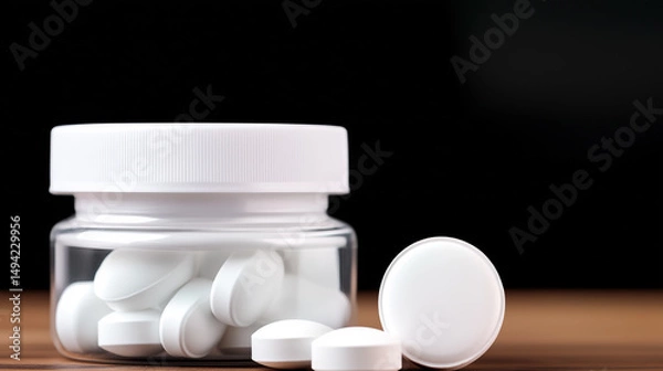 Fototapeta White Pills in Clear Jar on Wooden Surface
