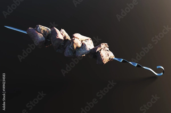 Fototapeta Close up of pork kebab on skewer. 3d rendering illustration