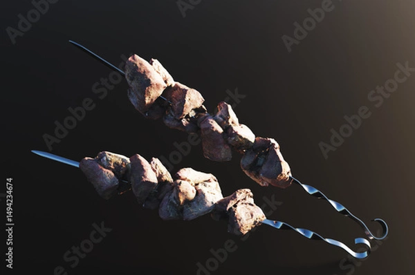 Fototapeta Close up of pork kebab on skewer. 3d rendering illustration