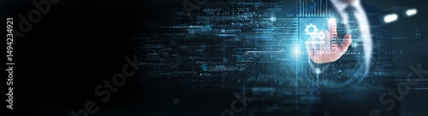 Obraz Businessman touching circuit of work in progress and networking. Project management tools, real-time task tracking, collaborative workflow platforms, progress monitoring systems