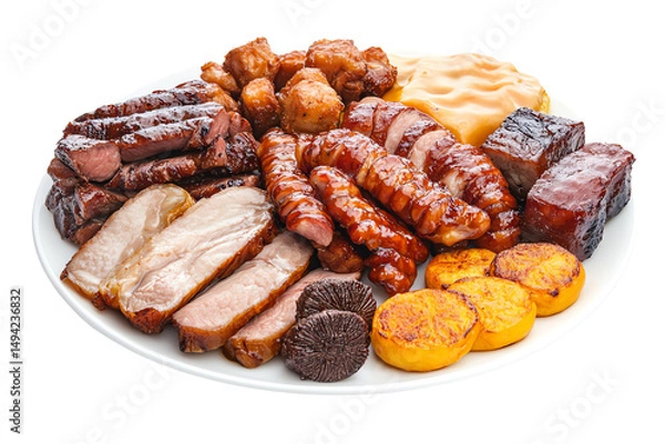 Fototapeta A variety of grilled and smoked meats served on a large white plate, accompanied by sausages, steak cuts, and roasted vegetables.