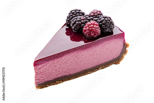 Fototapeta A slice of berry cheesecake topped with blackberries and a raspberry.