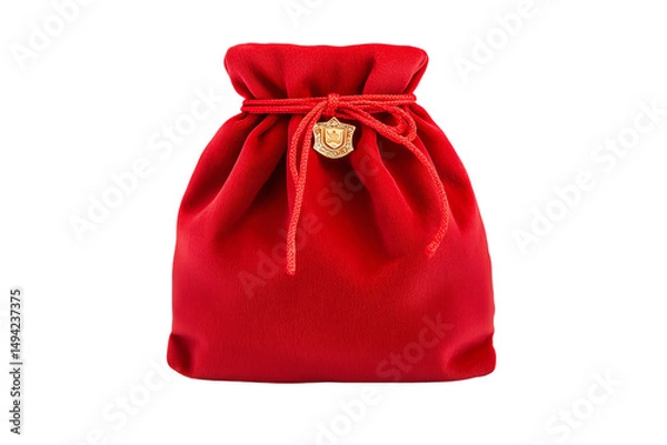 Fototapeta A red cloth pouch with a drawstring and decorative emblem at the center.