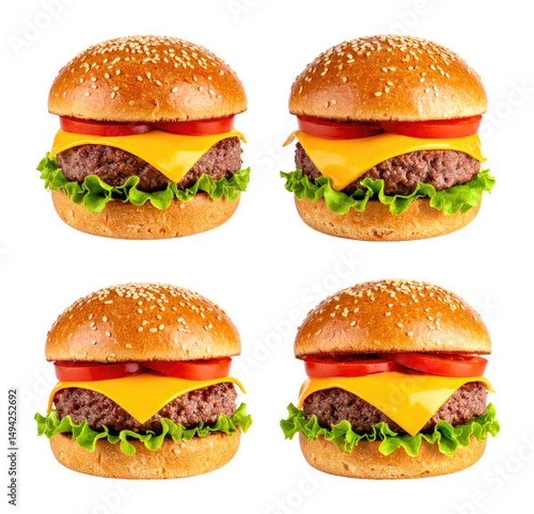 Fototapeta Fresh Burger with Glistening Cheese and Sesame Seeds on Buns, Isolated on Transparent Background