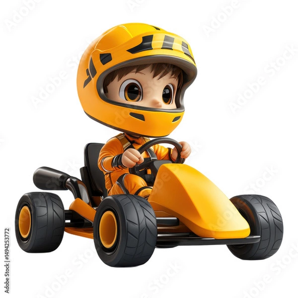 Obraz Cartoon racer in yellow go kart helmet driving fast race car for kids racing game illustration art 3d