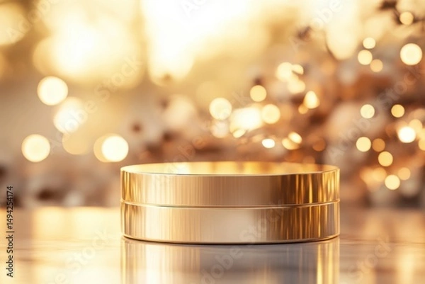 Obraz Elegant gold podium with soft bokeh background for product display, promotional photography, and luxury branding in warm tones with seasonal elements