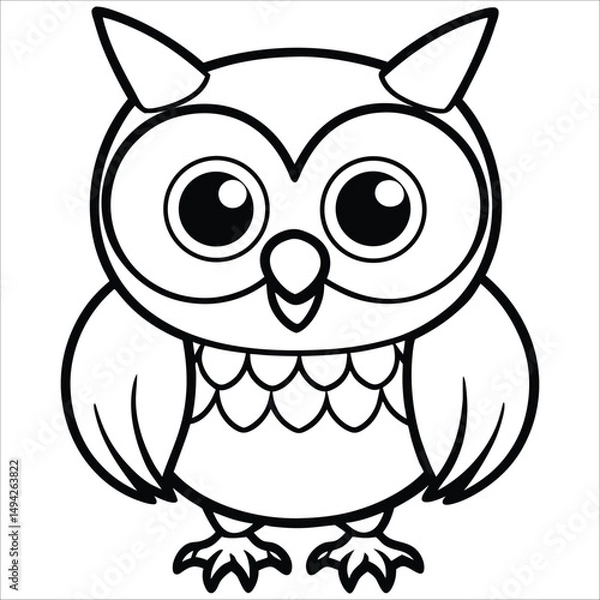 Fototapeta Cute Cartoon Owl Line Art for Coloring Pages Simple Black and White Illustration