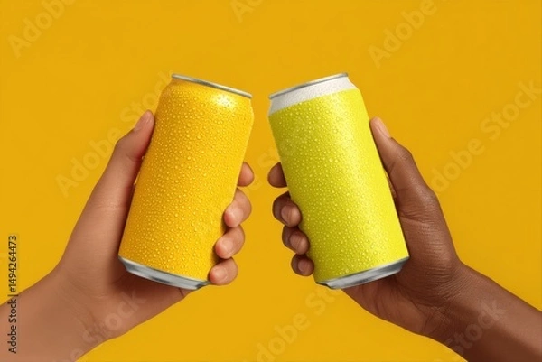 Fototapeta Cheers with Refreshing Beverages. Two hands clinking colorful soda cans against a vibrant yellow backdrop.