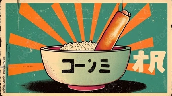 Fototapeta A stylized bowl of rice with a sausage, featuring bold graphics and vibrant colors.