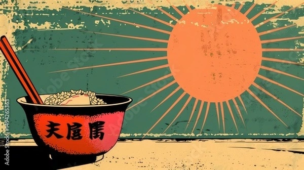 Fototapeta A stylized bowl of rice with chopsticks against a sunburst background.