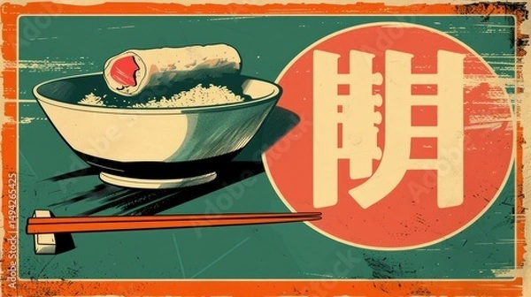 Fototapeta A stylized illustration of sushi on a bowl with chopsticks, emphasizing Japanese cuisine.