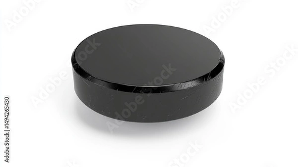 Obraz Black, round, puck-shaped object, smooth top, textured base, on white background