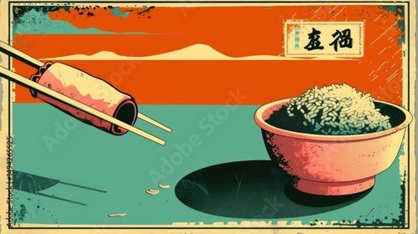 Fototapeta A stylized illustration featuring chopsticks reaching for a bowl of rice against a colorful backdrop.