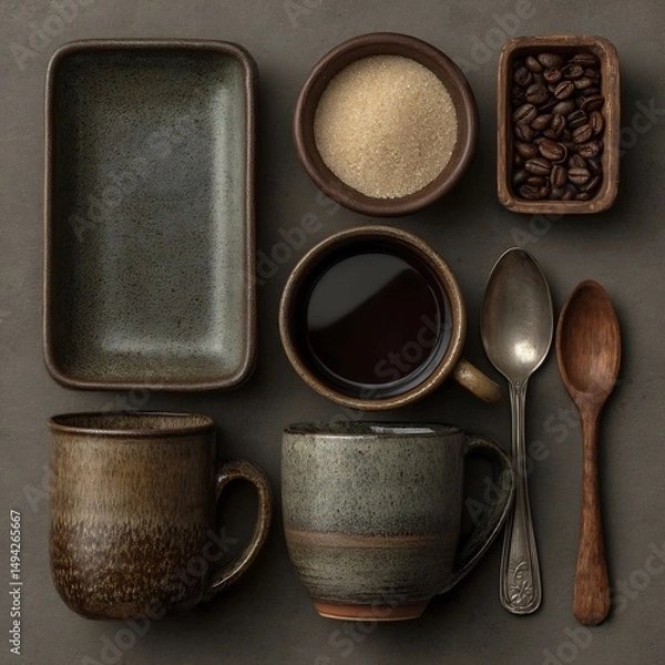 Obraz Coffee Composition with Rustic Pottery and Silver Spoon