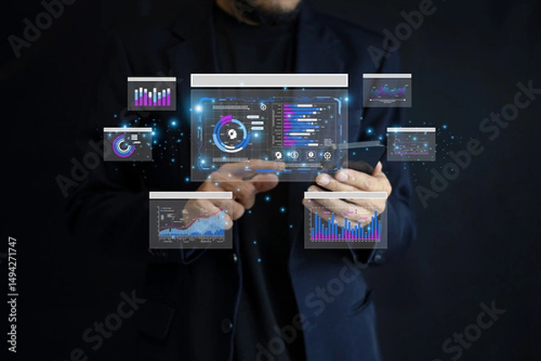 Fototapeta Data analysis concept. Businessman use AI technology for data analysis to uncover market trends and improve competitive advantage in fast-changing industries.