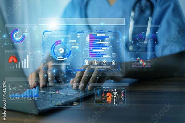 Fototapeta Doctor using AI-powered health data dashboard to monitor patient analytics, medical statistics, and clinical decision support in real time.