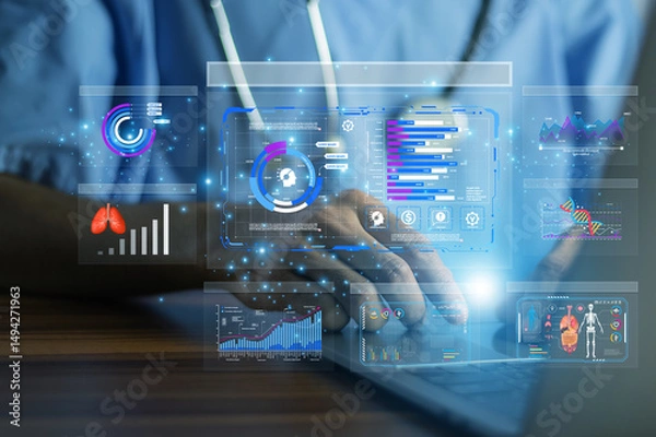 Fototapeta AI medical technology empowering doctors with intelligent tools to analyze big data, optimize treatment plans, and improve healthcare outcomes.