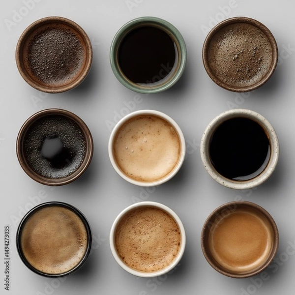 Obraz Various Coffee Drinks in Ceramic Cups, Top View
