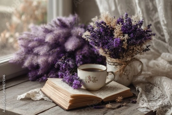 Fototapeta Cozy coffee moment with lavender flowers on open book indoor setting still life serene atmosphere
