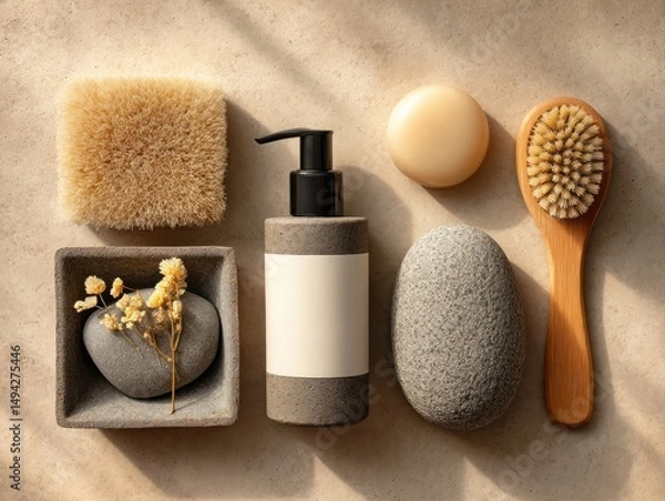 Fototapeta Relaxing spa essentials Mockups arrangement home bathroom still life natural touch top-down view wellness concept