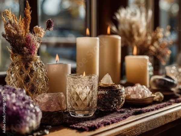 Fototapeta Creating a calming atmosphere with candles and crystals in a cozy home setting