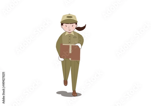 Obraz 運送業の女性が荷物を走って運んでいる影がある絵