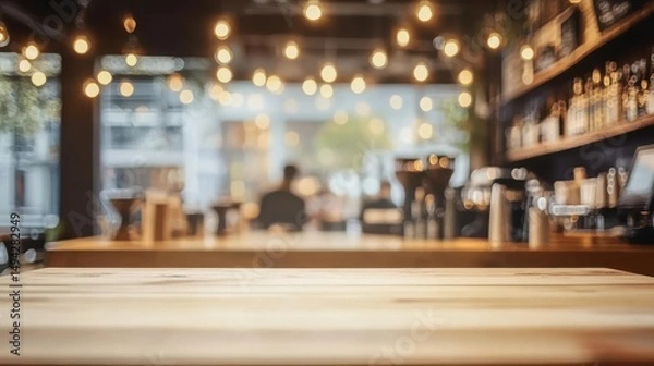Fototapeta Common settings of cafe interior with a wooden table and a blurry background