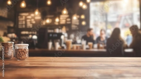 Fototapeta Common settings of cafe interior with a wooden table and a blurry background