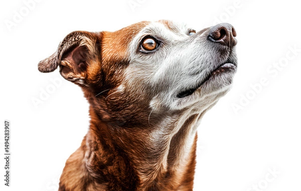 Fototapeta Old Dog with Gray Muzzle Standing and Looking Up, Isolated on a Transparent Background