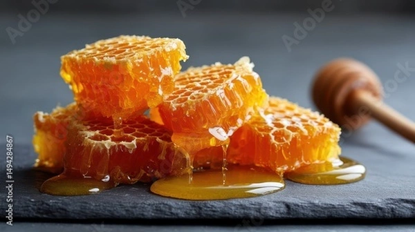 Fototapeta Macro of Honey Oozing from Open Honeycomb