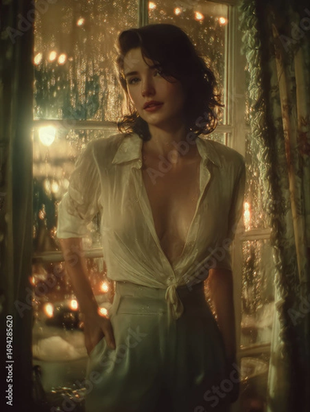 Fototapeta Sensual portrait of a woman cozy indoor setting artistic photography romantic atmosphere soft lighting intimate mood