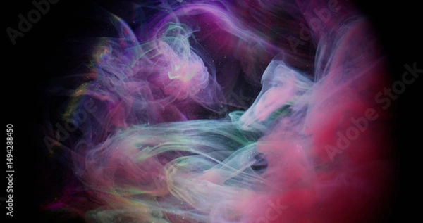 Fototapeta Fume explosion. Haze swirl. Colorful mist stream ink in sparkling abstract liquid. Fantasy blur drop dye blend on black background.