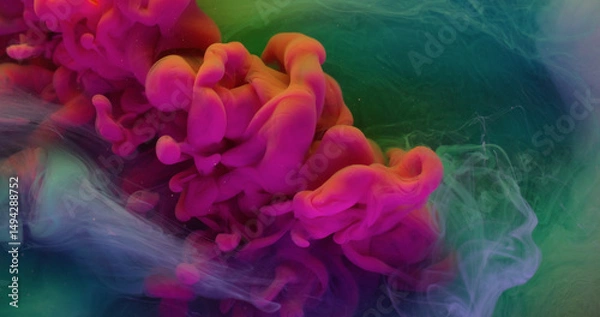 Fototapeta Wave fog. Smoke spray. Bright pink fluid burst in green liquid. Art splash paint on neon color defocused water abstract background.